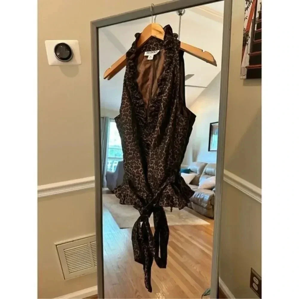 Isadora Leopard Animal Print Sleeveless Wrap Blouse LP Women’s Brown Black Ruffl